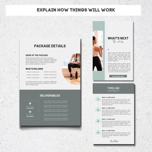 May include: A gray and white infographic with the title "Explain How Things Will Work" and the subtitle "Package Details". The infographic includes a description of the package, what's included, deliverables, and a timeline. The infographic also includes a photo of a woman exercising.
