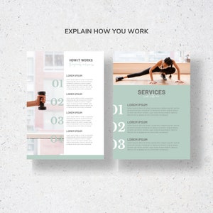 May include: A fitness-themed graphic with the text "EXPLAIN HOW YOU WORK." The image features two panels. One shows a person holding a dumbbell, and the other shows a person stretching. Text includes "HOW IT WORKS" and "SERVICES."