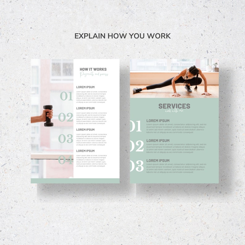 May include: A fitness-themed graphic with the text "EXPLAIN HOW YOU WORK." The image features two panels. One shows a person holding a dumbbell, and the other shows a person stretching. Text includes "HOW IT WORKS" and "SERVICES."