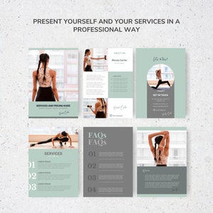 May include: A collection of promotional materials with a light green and gray color scheme. The materials include a services and pricing guide, an about me section, a get in touch section, a FAQs section, and a welcome section. The text "Present Yourself and Your Services in a Professional Way" is at the top.