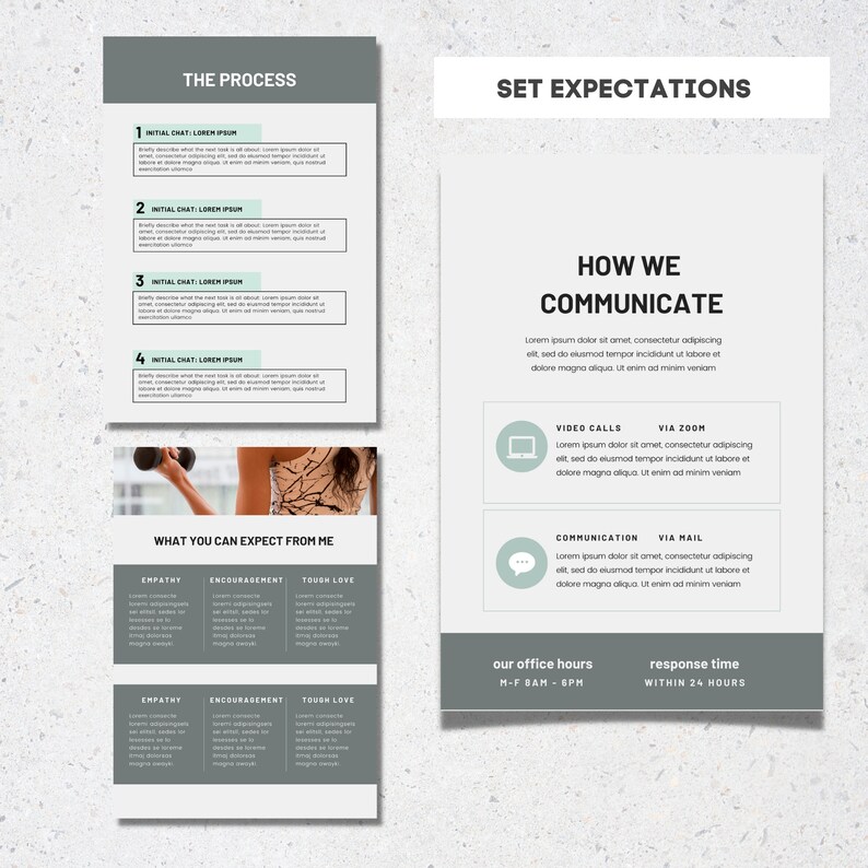 May include: A gray and white infographic with the title "The Process" and a list of four steps. The steps are numbered 1 through 4 and each step includes the text "Initial Chat: Lorem Ipsum". The infographic also includes a section titled "What You Can Expect From Me" with three columns labeled "Empathy", "Encouragement", and "Tough Love". The infographic also includes a section titled "Set Expectations" with the text "How We Communicate" and a list of communication methods including "Video Calls", "Via Zoom", "Communication", and "Via Mail". The infographic also includes a section titled "Our Office Hours" with the text "M-F 8AM - 6PM" and a section titled "Response Time" with the text "Within 24 Hours".