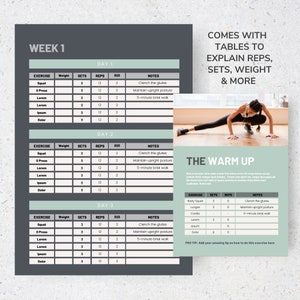 Pode incluir: Um plano de treino semanal com um esquema de cores verde e cinza. O plano inclui uma rotina de aquecimento, uma lista de exerc&iacute;cios, s&eacute;ries, repeti&ccedil;&otilde;es e notas. A imagem tamb&eacute;m inclui uma foto de uma mulher fazendo um exerc&iacute;cio de lunge.