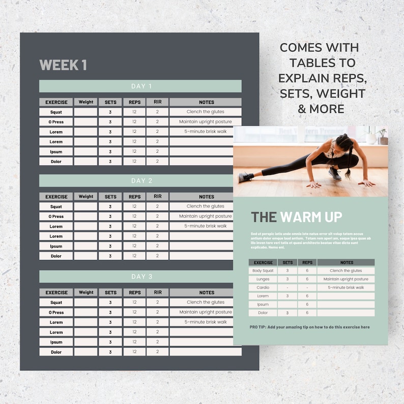 Pode incluir: Um plano de treino semanal com um esquema de cores verde e cinza. O plano inclui uma rotina de aquecimento, uma lista de exerc&iacute;cios, s&eacute;ries, repeti&ccedil;&otilde;es e notas. A imagem tamb&eacute;m inclui uma foto de uma mulher fazendo um exerc&iacute;cio de lunge.