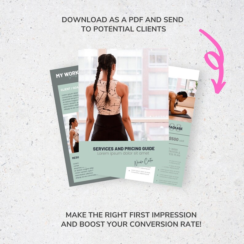 May include: Image of a Services and Pricing Guide with the text "Download as a PDF and send to potential clients." The guide features a woman in athletic wear and a package price of $500 USD.