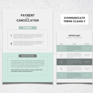 May include: A light green and white document with the title "Payment & Cancellation" and "Communicate Terms Clearly". The document includes a section for payment terms, cancellation policies, and a table with important dates and deadlines. The table includes dates in March, April, and May 2020.