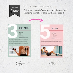 Pode incluir: Uma imagem de antes e depois mostrando como editar um modelo de treino. A imagem de antes mostra um cart&atilde;o verde com o n&uacute;mero 3 e o texto "ARM CURL" com uma mulher fazendo um curl de b&iacute;ceps. A imagem de depois mostra um cart&atilde;o rosa com o n&uacute;mero 5 e o texto "SIT UP" com uma mulher fazendo um sit up.