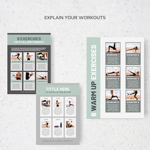 Pode incluir: Dois modelos de rotina de treino imprim&iacute;veis. O primeiro modelo &eacute; intitulado "6 exerc&iacute;cios para um treino de corpo inteiro" e mostra seis exerc&iacute;cios diferentes com fotos. O segundo modelo &eacute; intitulado "6 exerc&iacute;cios de aquecimento" e mostra seis exerc&iacute;cios de aquecimento diferentes com fotos.
