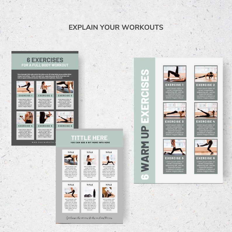 Pode incluir: Dois modelos de rotina de treino imprim&iacute;veis. O primeiro modelo &eacute; intitulado "6 exerc&iacute;cios para um treino de corpo inteiro" e mostra seis exerc&iacute;cios diferentes com fotos. O segundo modelo &eacute; intitulado "6 exerc&iacute;cios de aquecimento" e mostra seis exerc&iacute;cios de aquecimento diferentes com fotos.