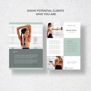 May include: A promotional layout with the text "SHOW POTENTIAL CLIENTS WHO YOU ARE." It features a woman in athletic wear, and text that reads "ABOUT ME Nicola Carter NUTRITIONIST" and "Welcome." The layout is in shades of green and white.