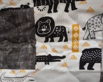 Zoo Animals Baby Quilt; Black White and Gray Animal Baby Blanket