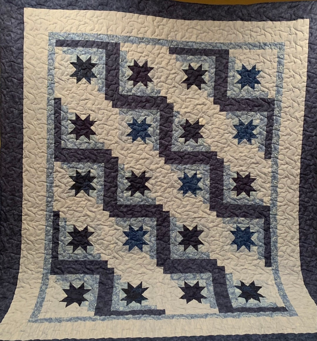 Queen Size Blue Star Quilt Star Log Cabin Quilt Etsy