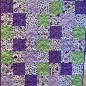 May include: A patchwork quilt featuring a repeating pattern of squares in shades of purple, green, and white. Some squares have owl designs, while others are solid or patterned with leaves. The quilt is bordered with a purple binding.
