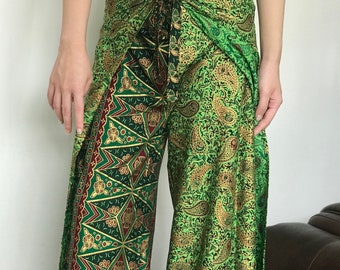 Green Cotton Batik Wrap Pants, Bali Beach Pants, Handmade Batik Trousers, Festival Pants, Summer Pants for Women