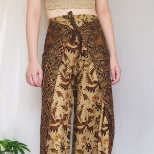 Brown Batik Wrap Pants, Bali Beach Pants, Hippie Festival Pants for Women, Batik Palazzo Pants