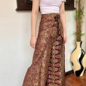 Kastanienbraun Gold Baumwolle Batik Wickelhose, Bali Beach Palazzo Hose, Handgemachte Batik Hose, Festival Hose, Sommerhose für Frauen