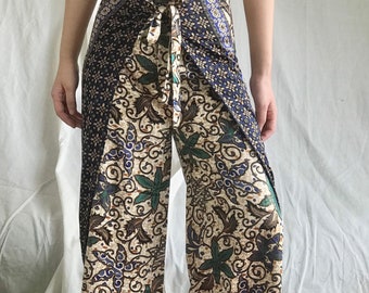 Blue Silk Batik Wrap Pants, Bali Beach Pants, Batik Palazzo Pants, Hippie Summer Pants