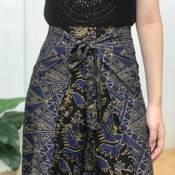 Black Blue Batik Wrap Pants, Bali Beach Pants, Festival Hippie Pants, Summer Trousers