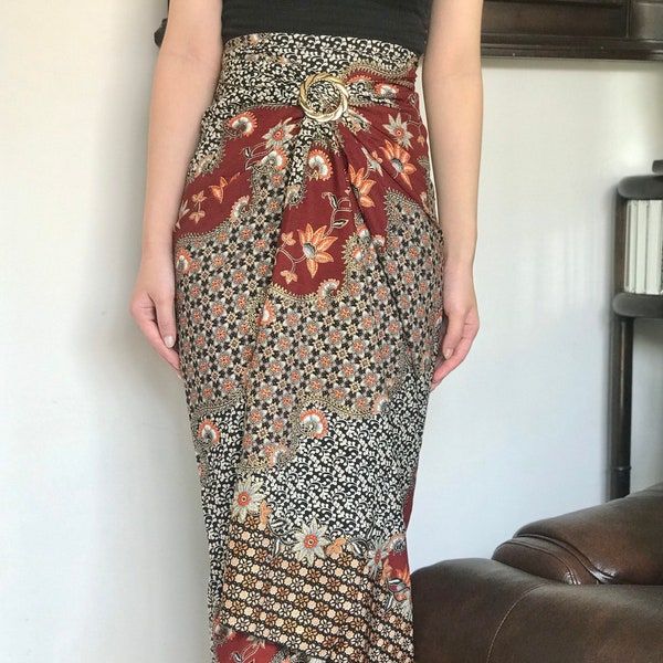 Maroon Batik Wrap Skirt, Bali Beach Skirt, Becah Cover Ups