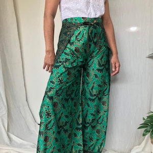 Green Ethnic Batik Wrap Pants Bird Motif, Bali Beach Pants, Wide Leg Pants, Batik Palazzo Pants, Festival Pants