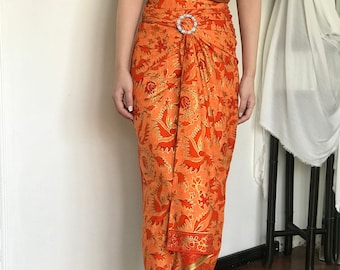 Orange Ethnic Batik Wrap Skirt Bird Motif, Bali Beach Skirt, Sarong Wrap Skirt, Beach Cover up
