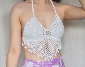 Handmade White Cotton Crochet Bralette: Beach Festival Top
