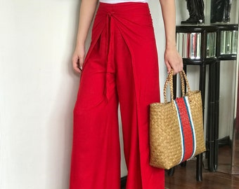 Pantalon portefeuille rouge, pantalon de plage Bali, pantalon d’été, pantalon festival, pantalon hippie Palazzo