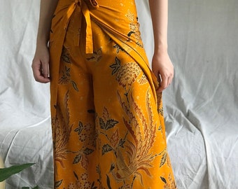 Gold Batik Wrap Pants, Bali Beach Pants, Boho Pants, Festival Pants