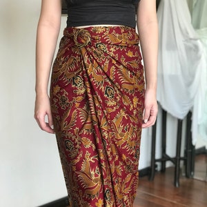Maroon Ethnic Batik Wrap Skirt Bird Motif, Bali Beach Skirt, Sarong Wrap Skirt, Beach Cover up