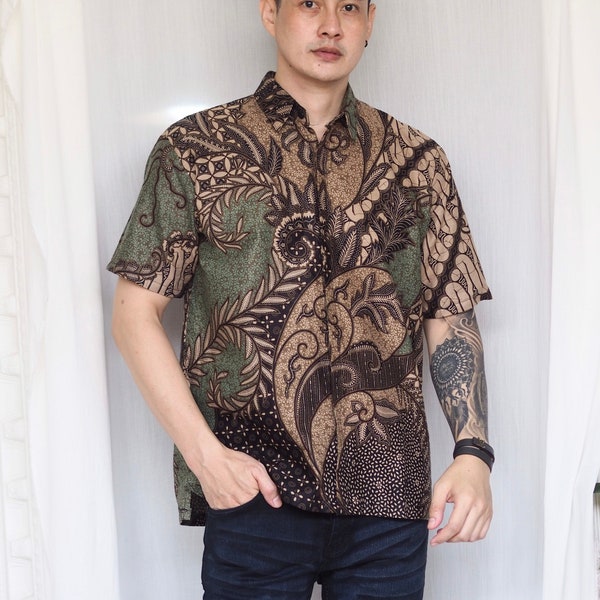 Green Batik Shirt for Men, Batik Cotton Shirt, Handmade Batik Shirt, Indonesian Batik