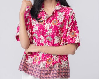 Pink Fuchsia Floral Batik Shirt: Handmade Indonesian Top
