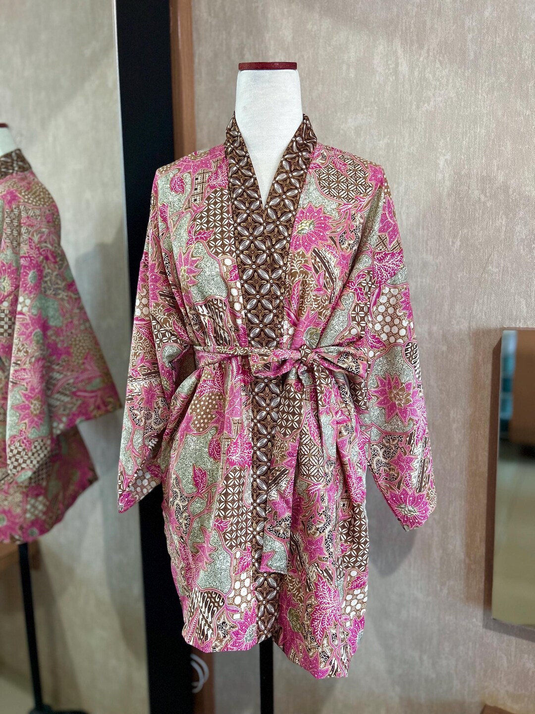 Pink Flower Short Batik Robe, Indonesian Batik Kimono, Loungewear ...