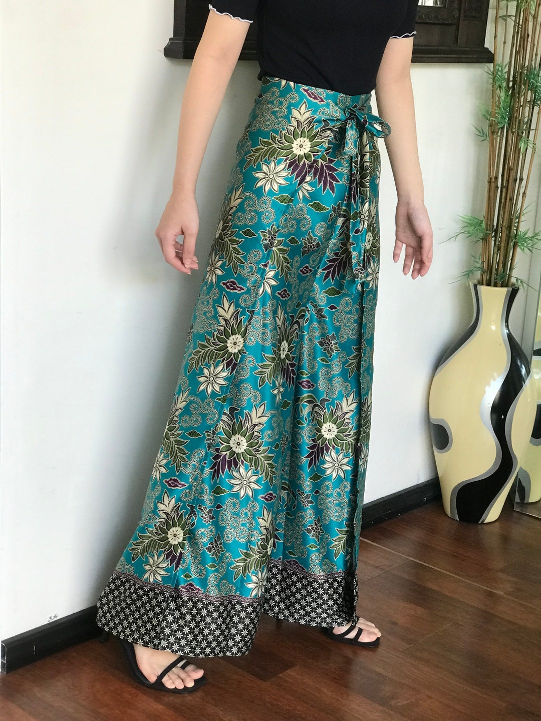 Tosca Silk Batik Wrap Pants, Bali Beach Pants, Hippie Palazzo Pants