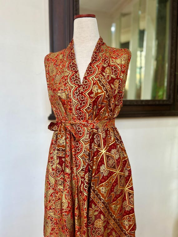 Orange Gold Batik Cardigan: Sleeveless Bali Cotton Outer
