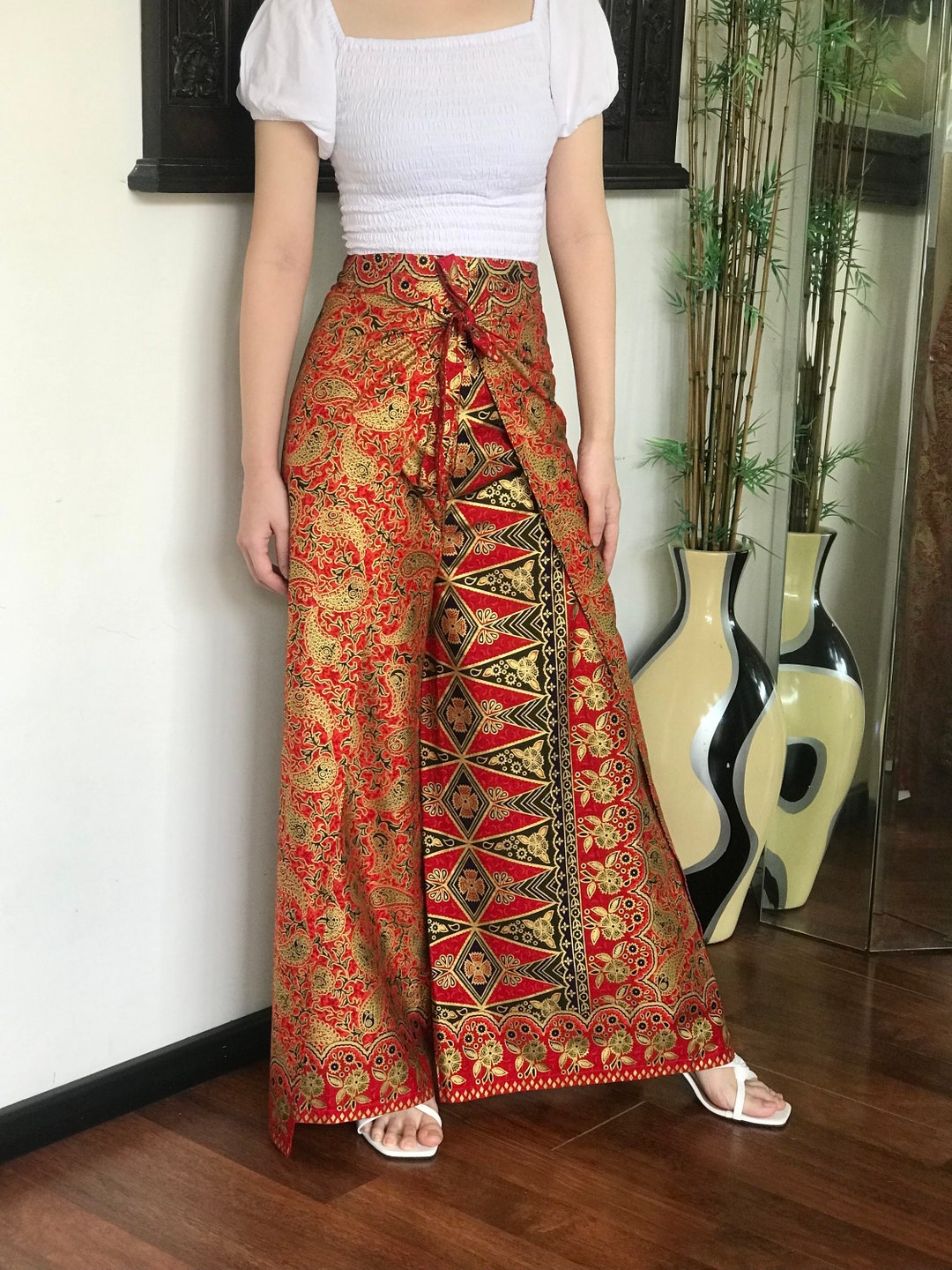 Red Gold Cotton Batik Wrap Pants Bali Beach Pants Handmade - Etsy