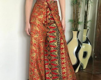 Red Gold Cotton Batik Wrap Pants, Bali Beach Pants, Handmade Batik Trousers, Festival Pants, Summer Pants for Women