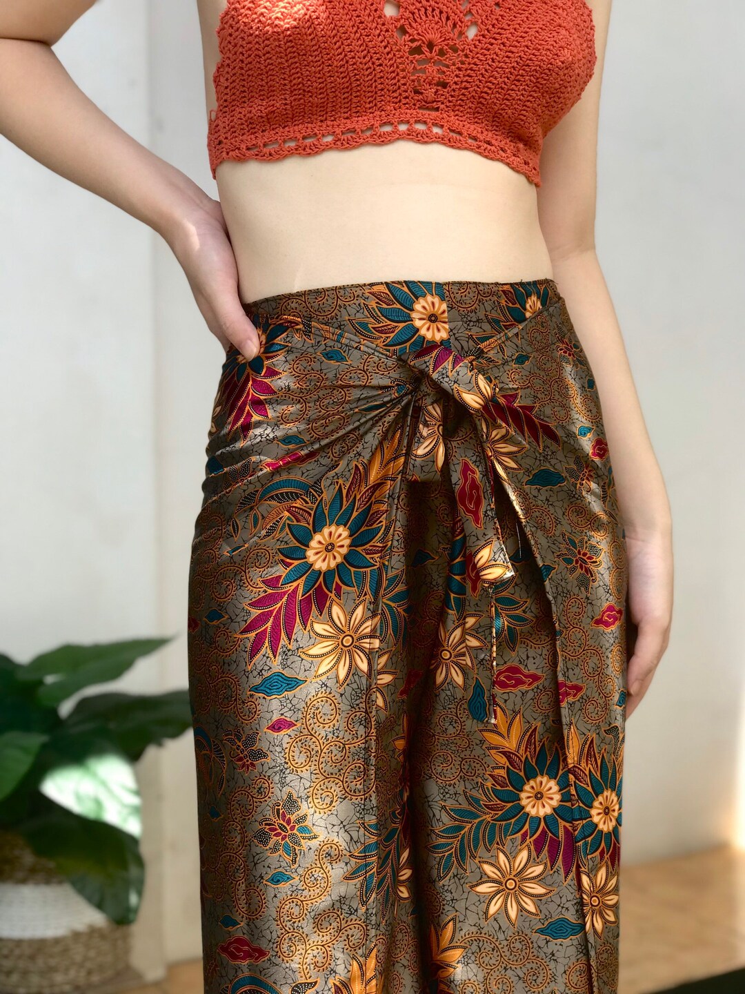 Gray Silk Batik Wrap Pants, Bali Beach Pants, Festival Trousers for