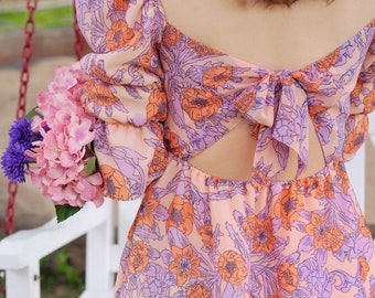Summer Cottagecore Square Neckline, Floral Prints Dress with Puff Sleeves/Sustainable Clothing