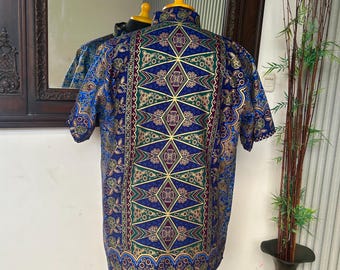Herren Batik Button Down Shirt, Blau Gold Paisley Muster, Formelle Freizeitkleidung