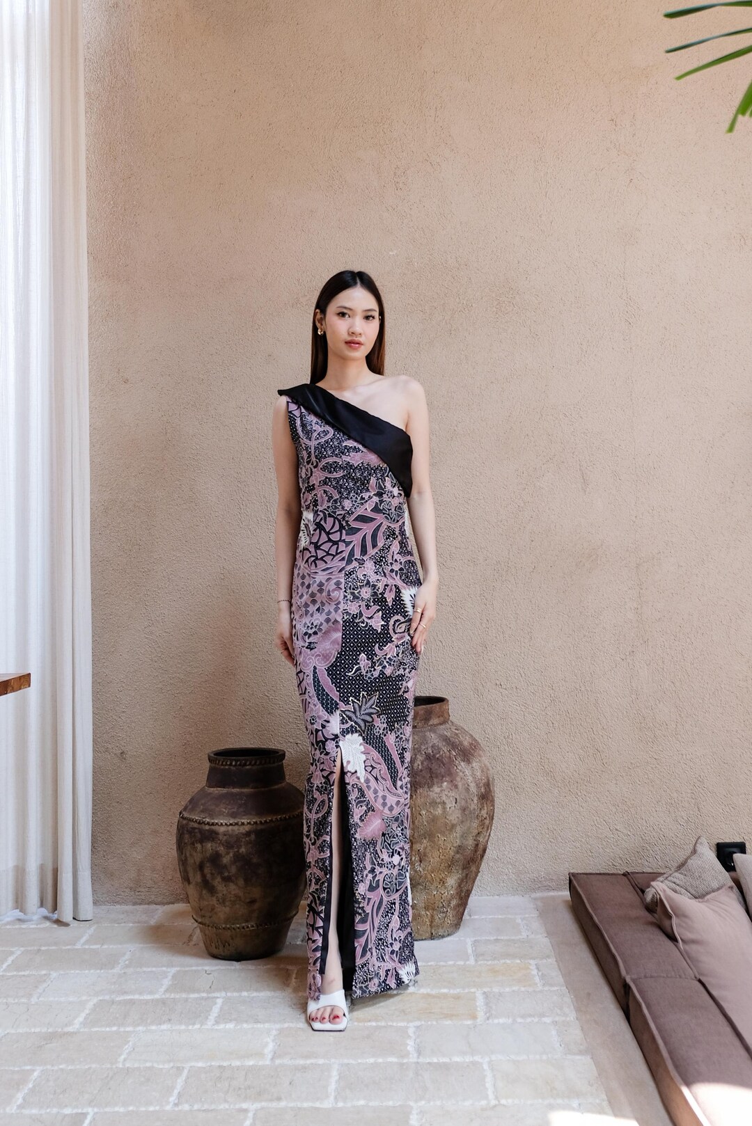 elegant batik dress One Shoulder Batik Gown, Formal Satin Maxi Dress