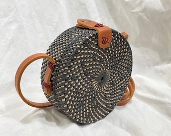 Handwoven Rattan Crossbody Bag, Leather Strap, Bali Boho Bag