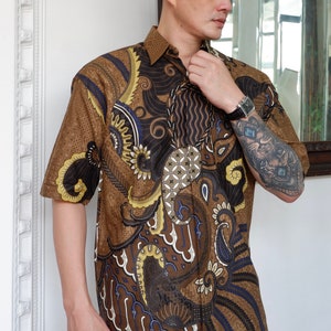 Brown Men Batik Shirt, Premium Batik Shirt, Javanese Batik Cotton Shirt, Indonesian Handmade Batik