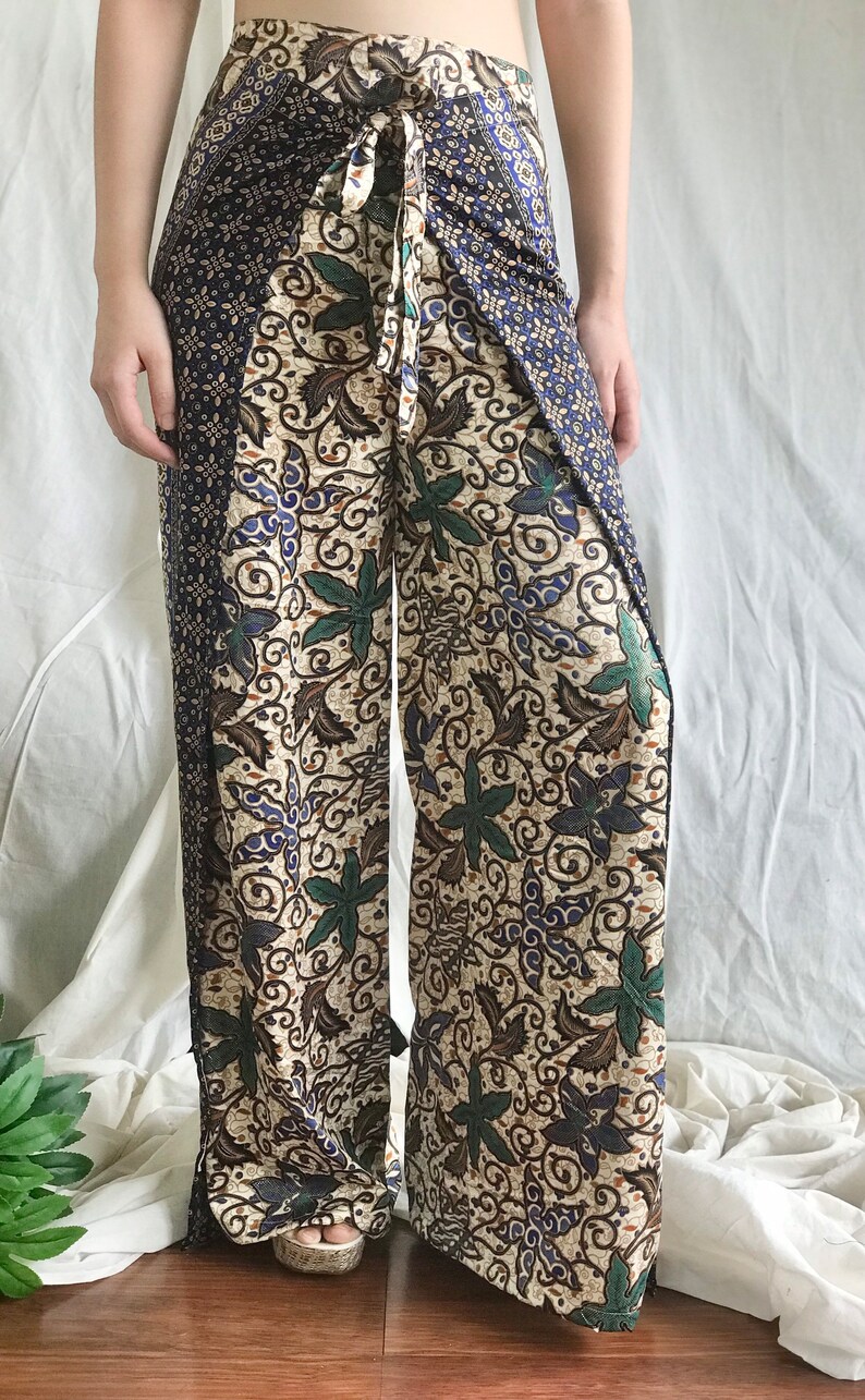 Pantalones envolventes Batik de seda azul, pantalones de playa Bali, pantalones Batik Palazzo, pantalones de verano hippie imagen 7