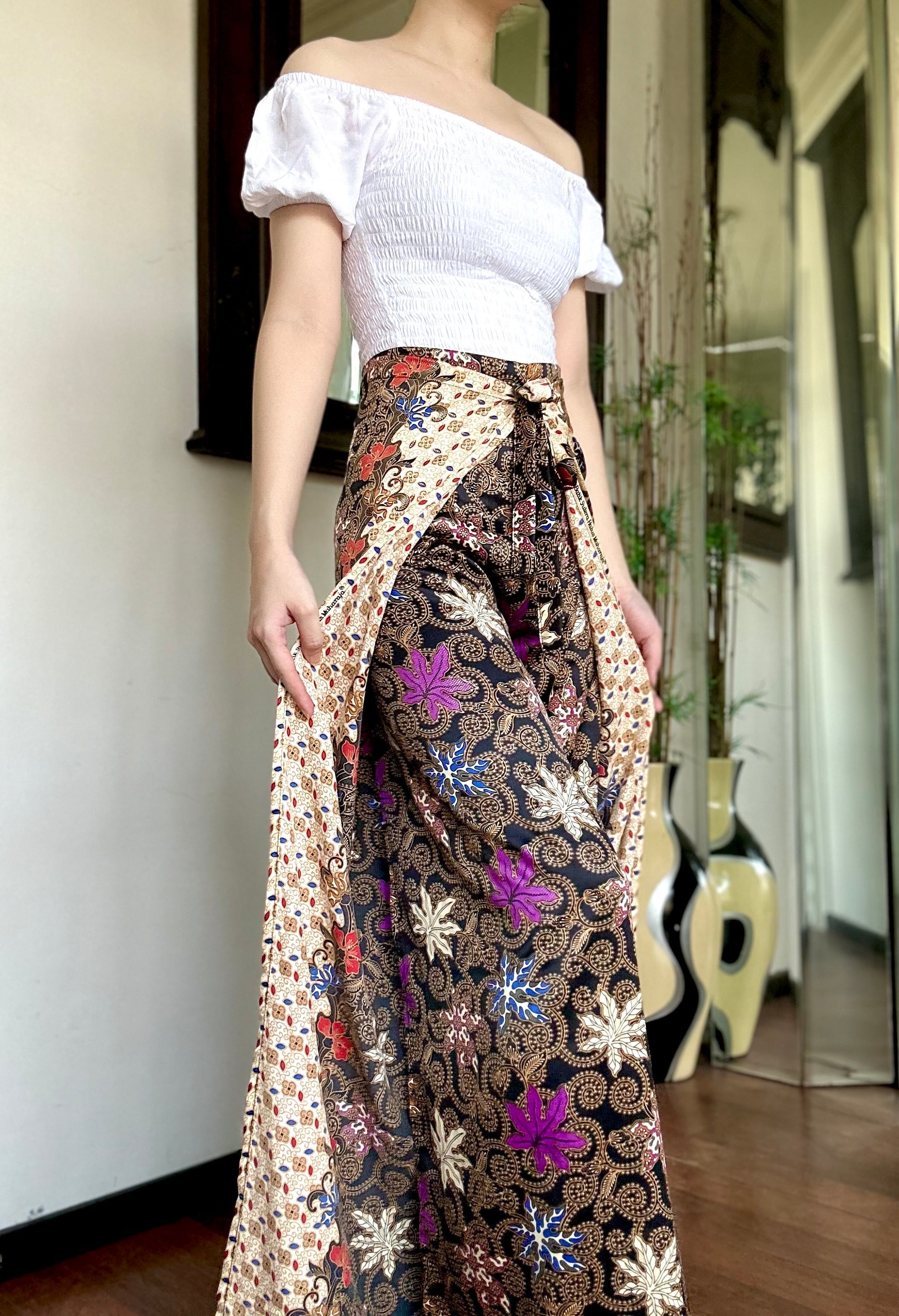 Black Premium Silk Batik Wrap Pants, Bali Beach Pants, Batik Palazzo