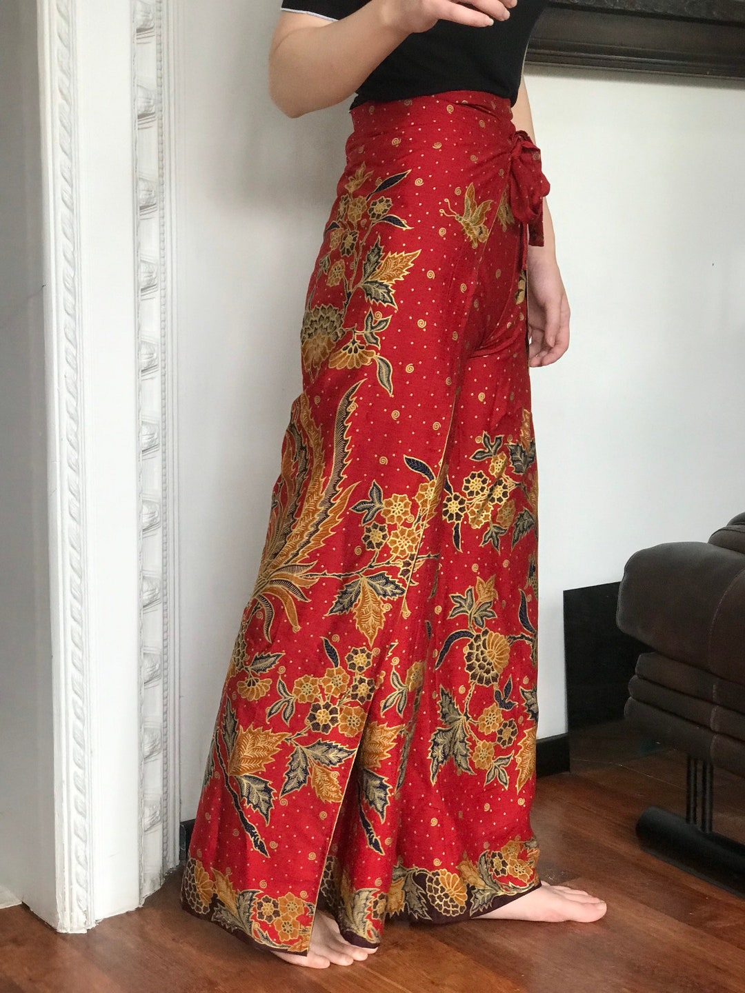 Red Batik Wrap Pants, Bali Beach Pants, Boho Pants, Festival Trousers