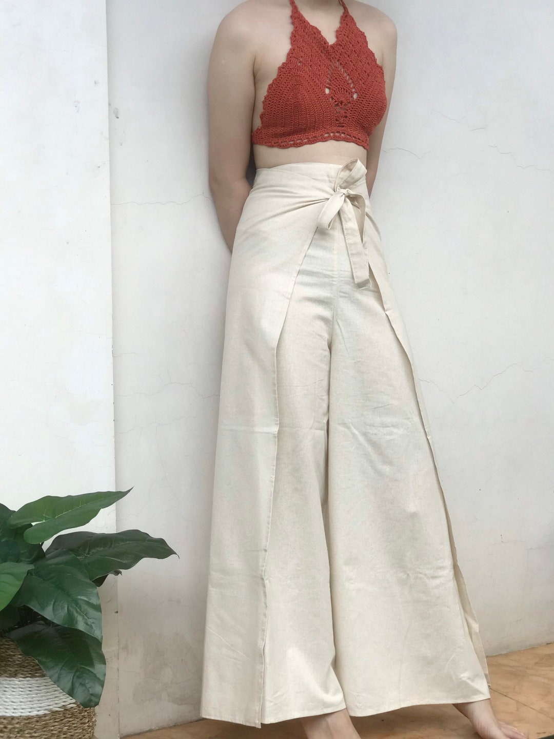 White Linen Wrap Pants, Bali Beach Pants, Festival Trousers, Summer