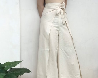 White Linen Wrap Pants: Bali Boho Festival Trousers