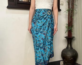 Ozeanblau Batik Wickelrock Ethnic Vogel Motiv | Tropisches Resort Wear | Urlaub Wickelrock