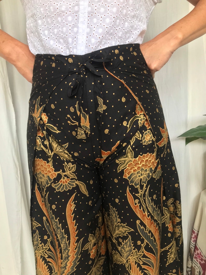Black Batik Wrap Pants, Bali Beach Pants, Summer Pants, Festival Pants
