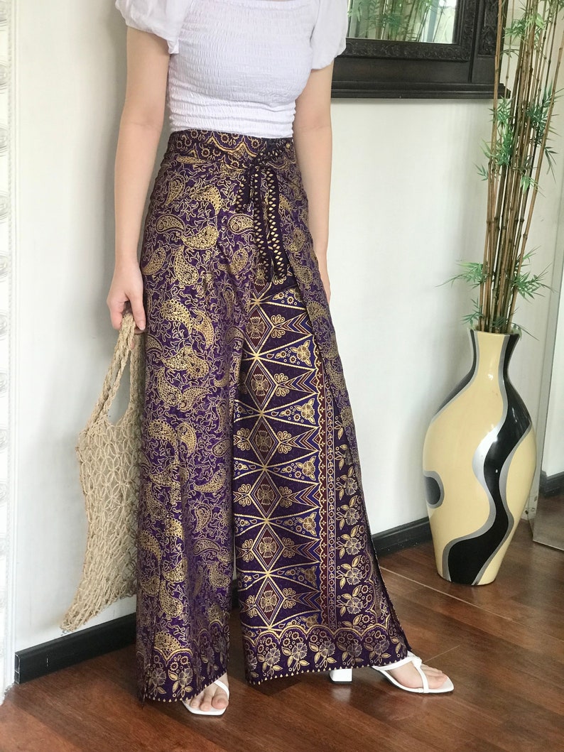 Purple Gold Cotton Batik Wrap Pants, Bali Beach Pants, Handmade Batik