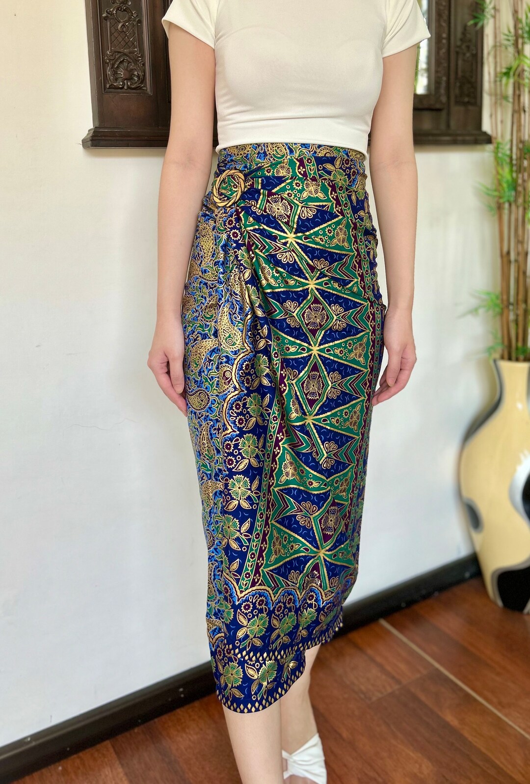 Blue Gold Batik Wrap Skirt: Ethnic Bali Sarong Beach Cover-up - Etsy